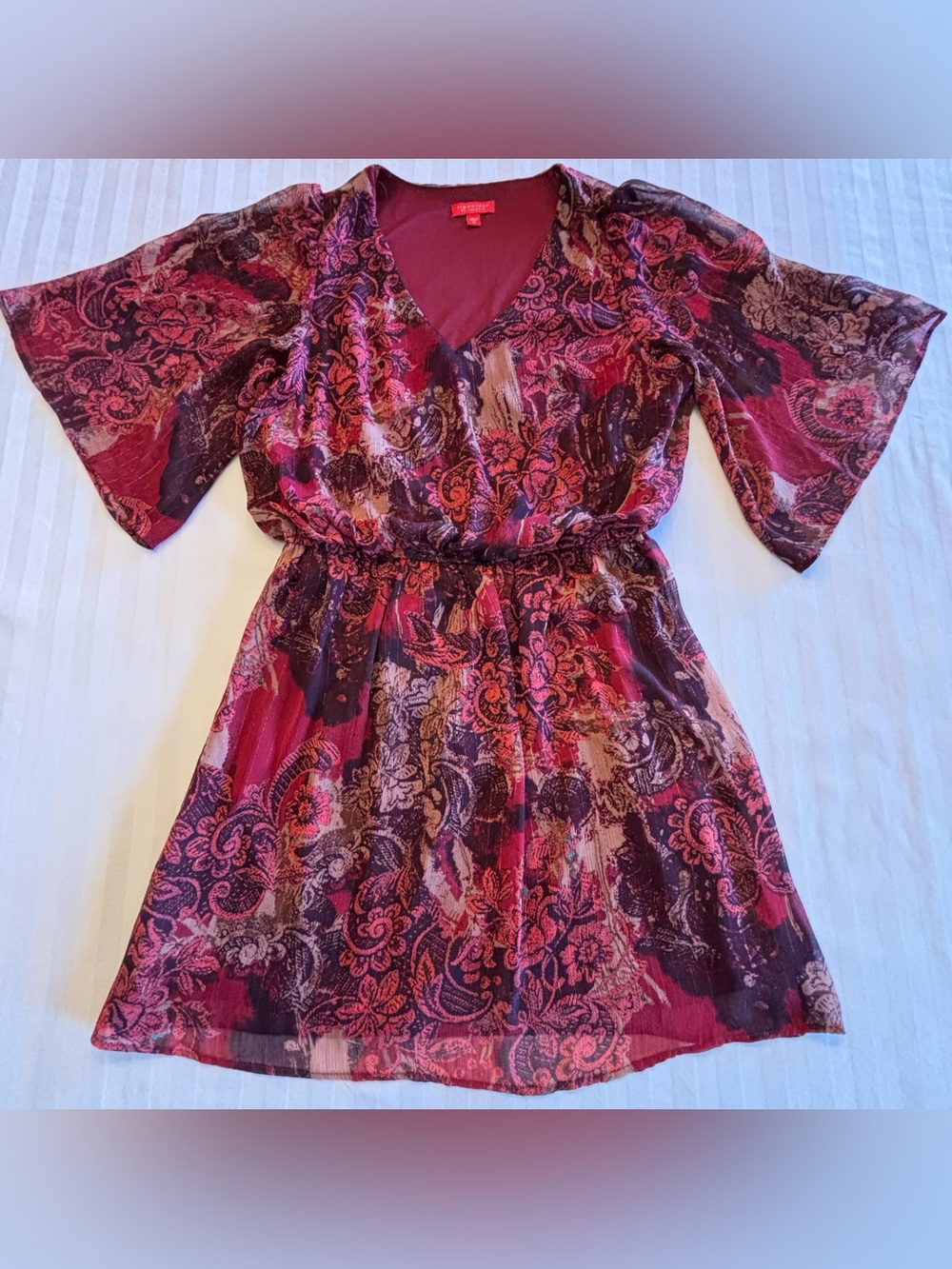 Signature by Sangria Burgundy and Pink Floral V-Neck Dress
